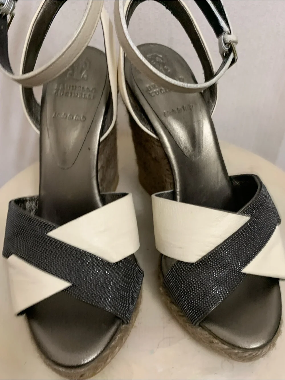 Brunello Cucinelli Espadrille Wedge Platform Crisscross Leather Monilli Beads